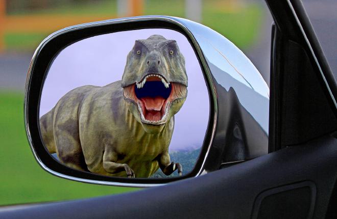a rearview mirror with a Tyrannosaurus rex in it