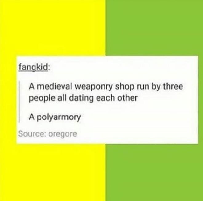A background where the left half is lemon yellow and the right half is lime green. The words say &quot;Fangkid: A medieval weaponry shop run by three people all dating each other [line break] a polyarmory [line break] Source: oregore
