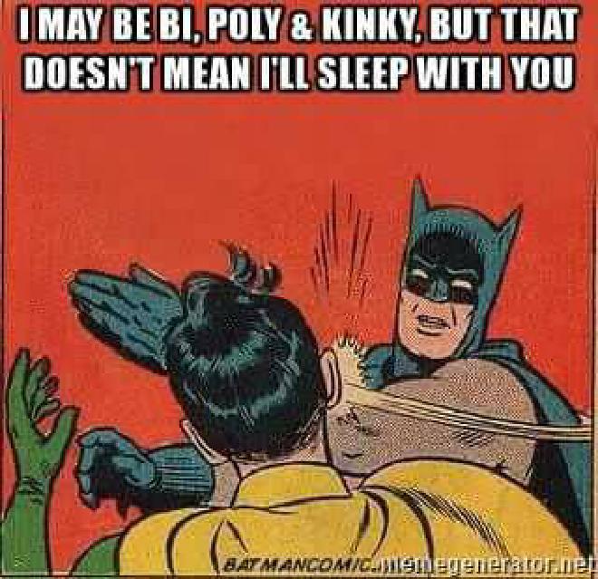 A cartoon of Batman slapping someone across the face (whom we see from behind). Text over images reads: I may be bi, poly & kinky, but that doesn't mean I'll sleep with you.