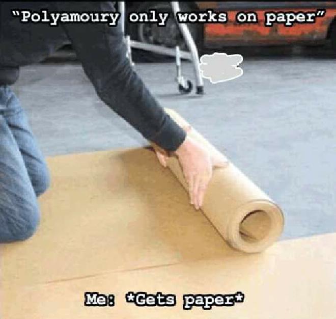 a picture of a person kneeling down and rolling out a roll of paper. The text over the image reads: &quot;Polyamory only works on paper.&quot; Me: *Gets paper* 